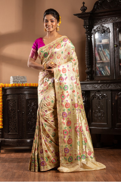 All Over Contrast Color Hand Weaving Off White Banarasi Silk Saree (KR1958)