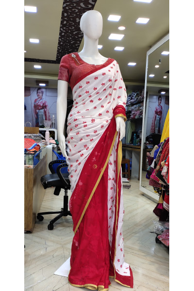 Handloom Saree With Half Portion Cotton Embroidery Work And Half Portion Dhakai Jamdani - Also Has Highlighted Golden Zari Border (KR2289)