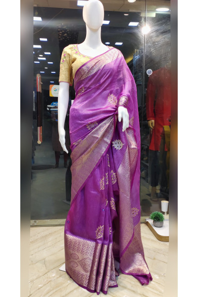 Silk Linen Saree With All Over Embroidery Cutwork And Mirror Work Design On All Over body - Also Has Traditional Benarasi Zari Weaving Border And Pallu (KR2288)