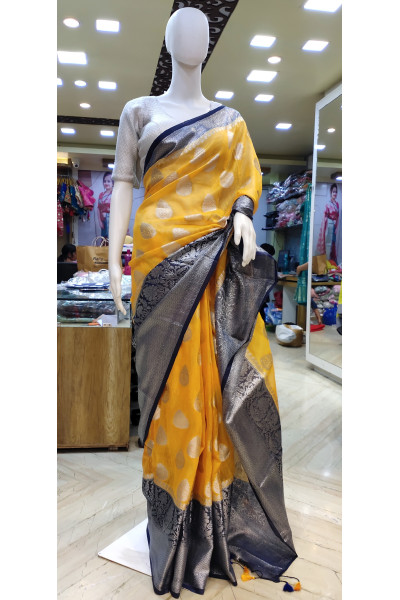 Silk Linen Saree With Traditional Benarasi Butta Weaving Saree With Contrast Color Benarasi Work Border And Pallu - Also Has Contrast Color Latkan Design At The End Of The Pallu (KR2292)