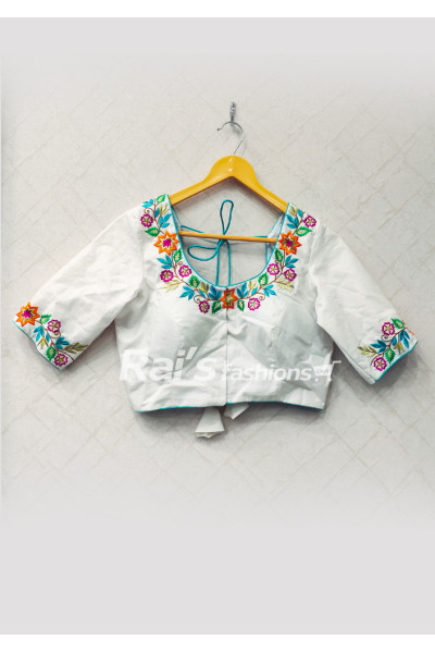White Embroidery Work Design Butter Silk Designer Blouse (RAD14)