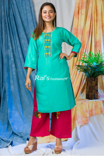 Pure Cotton Embroidery Work Kurti With Leggings Pant And Dupatta