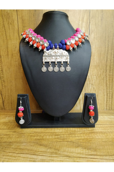 Silver Kolapuri Charms and Color Cotton Balls Combine Choker Necklace With Pendant (R484)