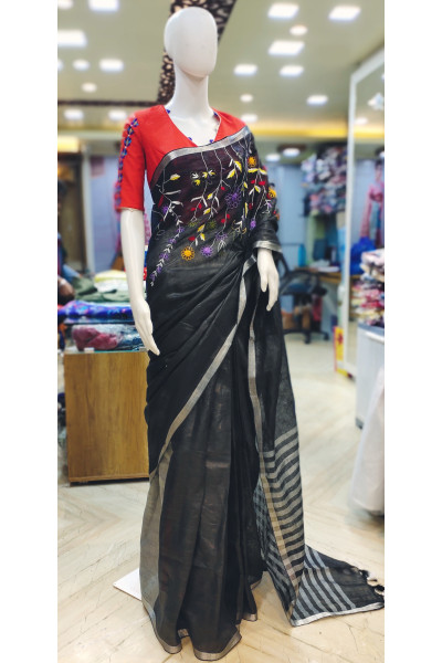 Embroidery Worked Linen By Linen Saree With Silver Zari Stripes Border Pallu (NL1)