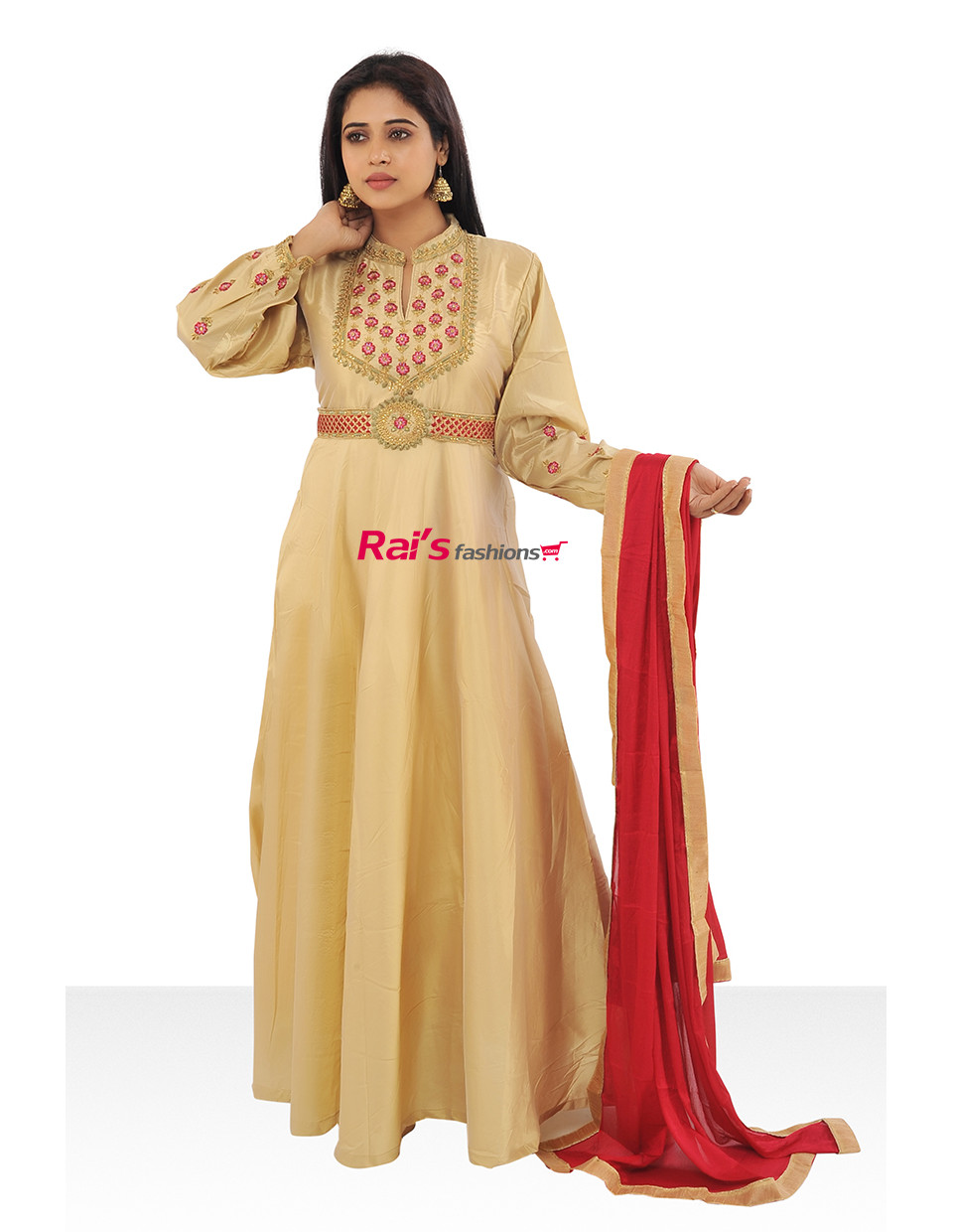 Green Color Fancy Neck Pattern Gown With Long Sleeves and Embroidery Work  and Waist Belt in USA UK Malaysia South Africa Dubai Singapore