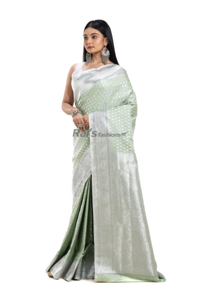 Premium Quality Pesta Green Satin Katan Banarasi Saree With All Over Traditional Banarasi Butta Weaving Work (RNW15)