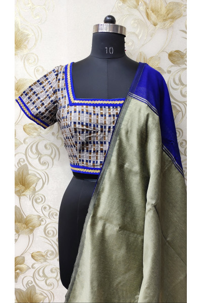 Box Pattern Cotton Silk  Lace Border Designer Blouse (KRBL939)