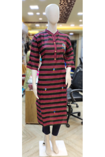 All Over Stripes With Embroidery Worked Cotton Kurti (KR1947)