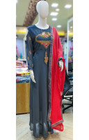 Embroidery Worked Off Shoulder Georgette Long Gown With Contrast Dupatta (KR2093)