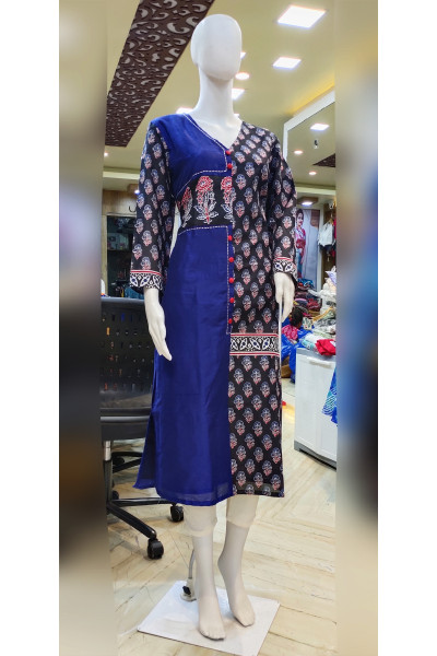 Cotton Blend Kurti With One Side Printed Patch Work And One Side Embroidery And Button Work (KR2278)