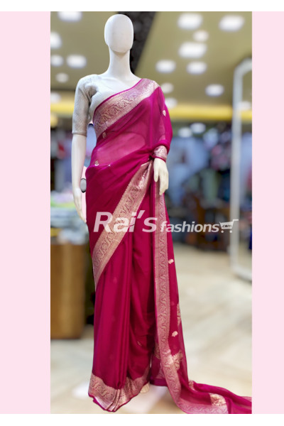 Premium Quality Pure Silk Chiffon Banarasi Saree With All Over Silver Zari Butta Work And Banarasi Border Design (NDR11)